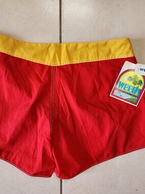 Vintage Weeds Board Shorts, Sprinter Style, NWT, Red/Yellow, Waist 35/36, 3.5"